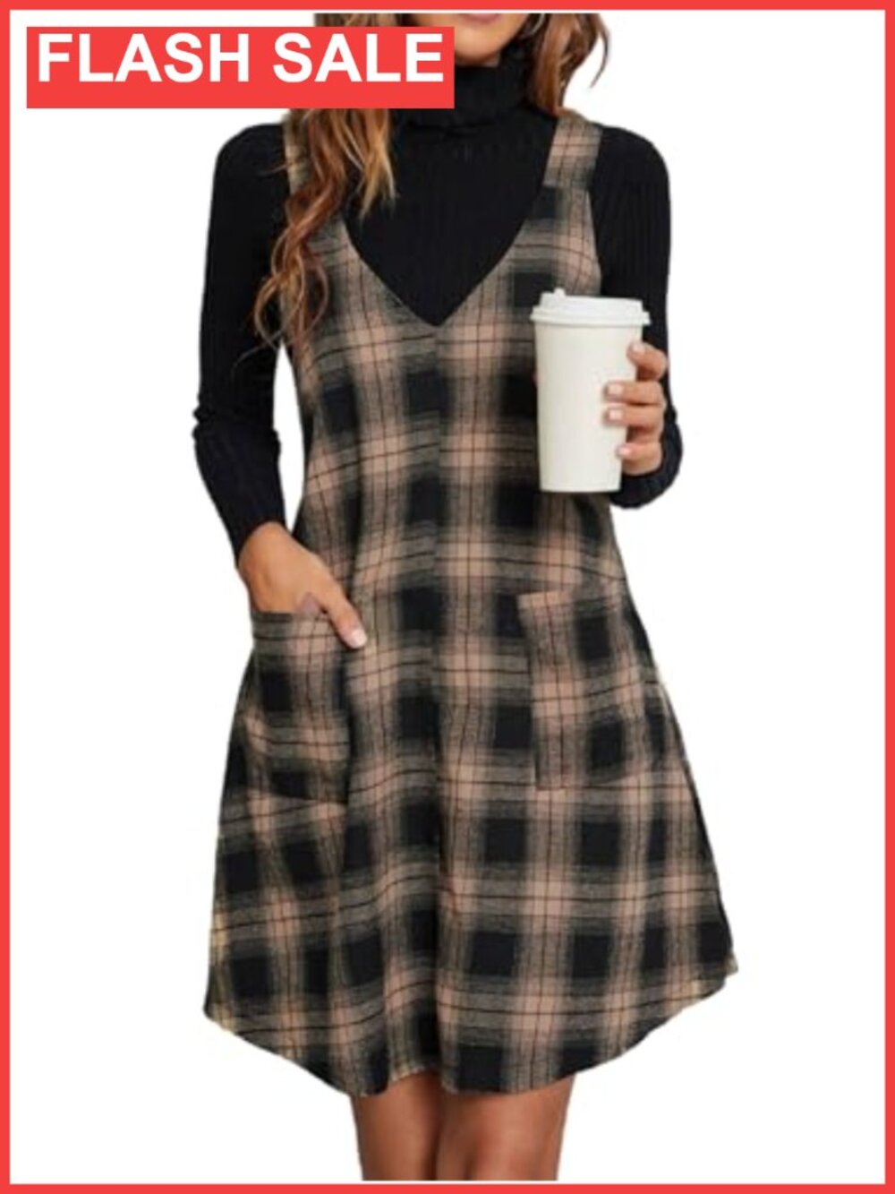 Plaid V Neck Pinafore Overall Short Dress with Pockets